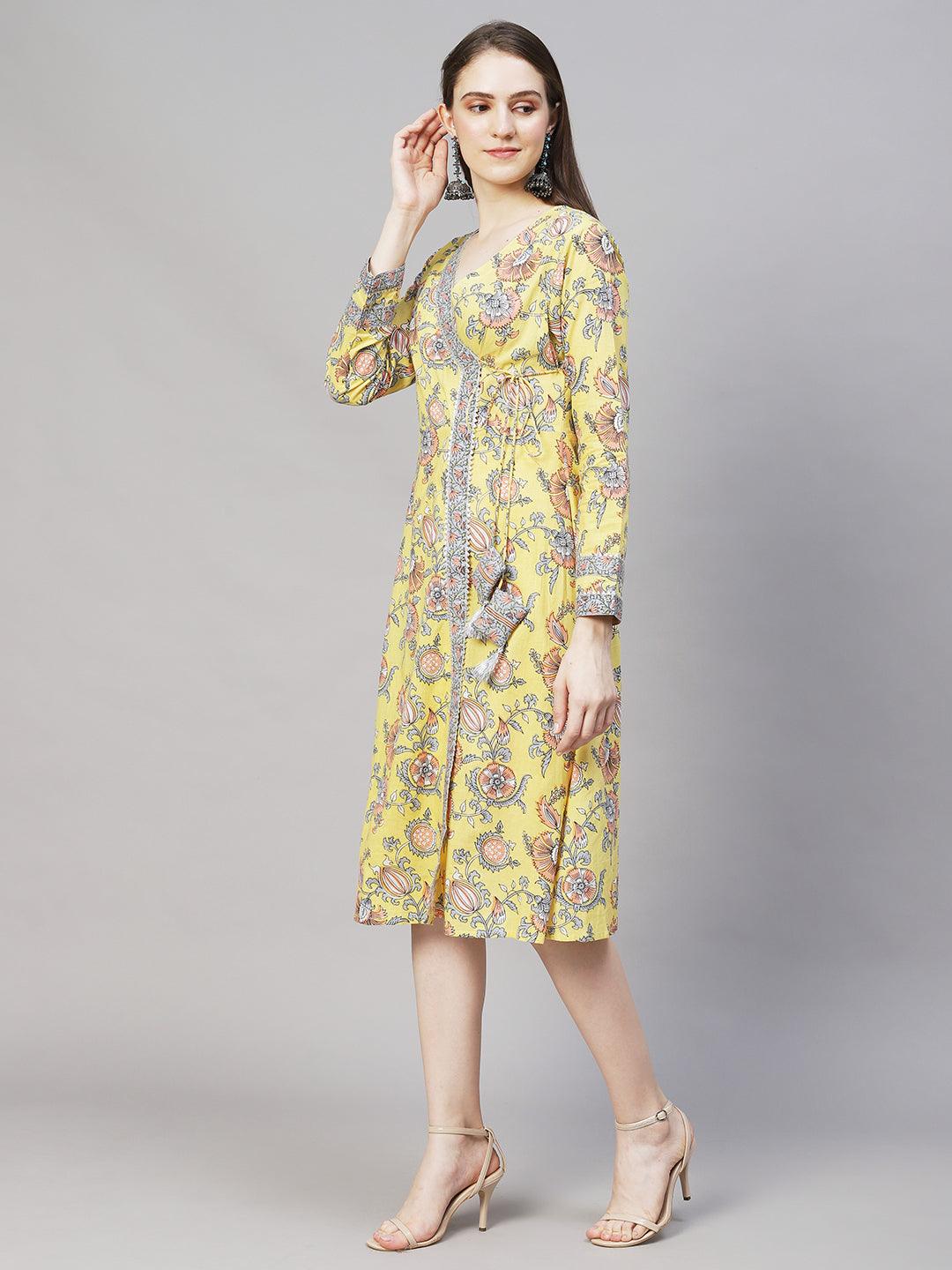 Floral Printed Angrakha A-Line Midi Dress - Light Yellow - Indiakreations