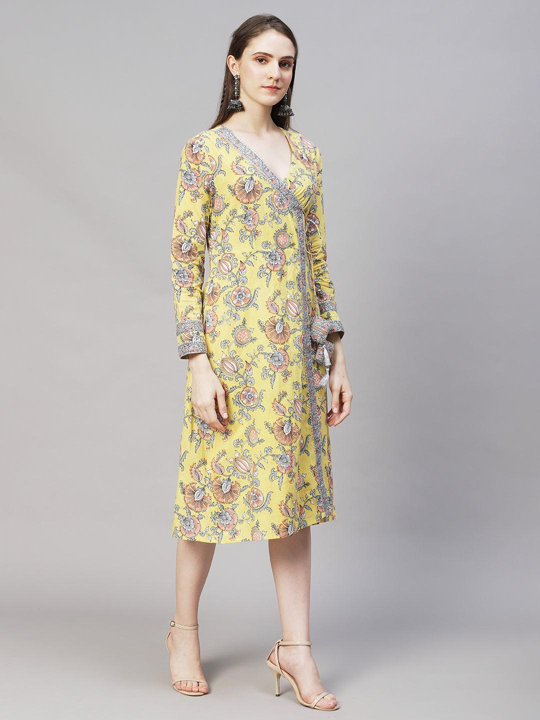 Floral Printed Angrakha A-Line Midi Dress - Light Yellow - Indiakreations