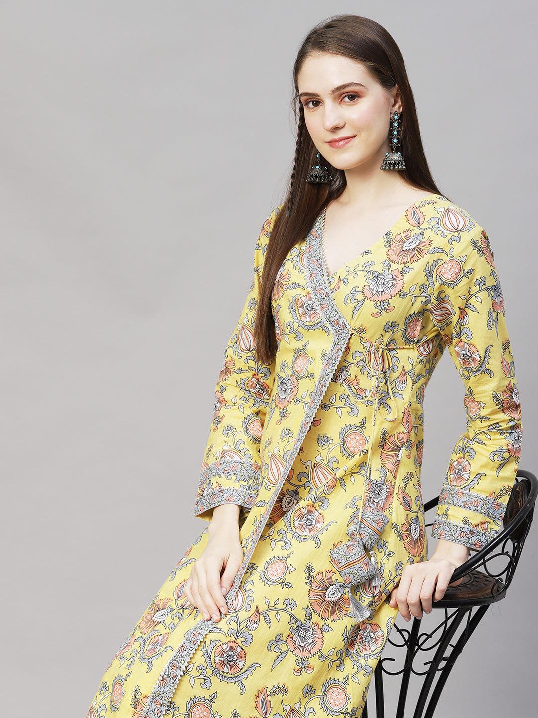 Floral Printed Angrakha A-Line Midi Dress - Light Yellow - Indiakreations