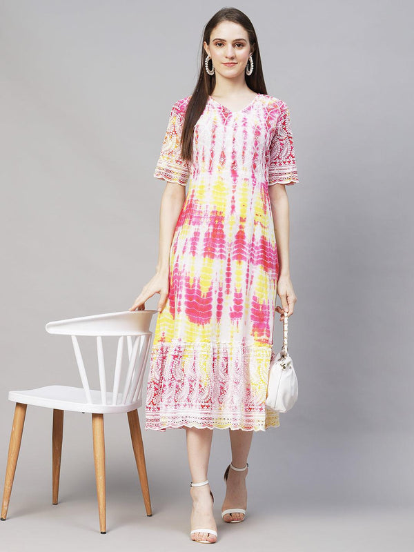 Tie-Dyed & Chikankari Embroidered A-Line Midi Dress - Multi - Indiakreations