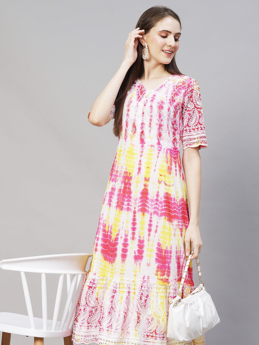 Tie-Dyed & Chikankari Embroidered A-Line Midi Dress - Multi - Indiakreations