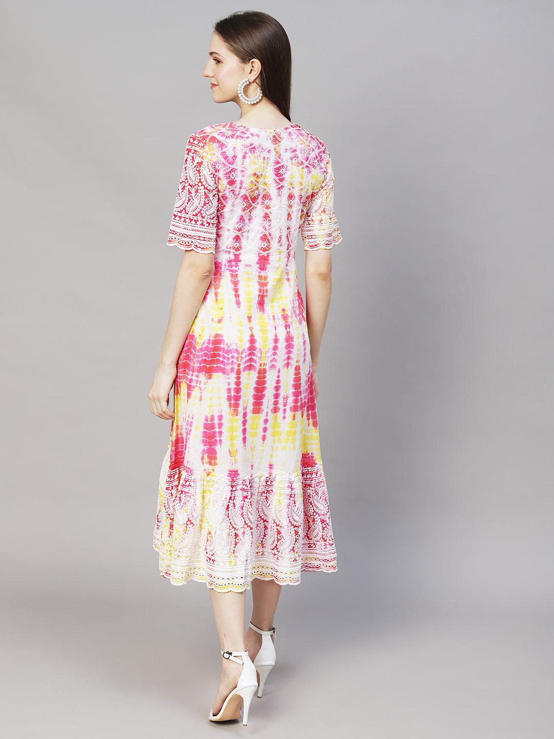 Tie-Dyed & Chikankari Embroidered A-Line Midi Dress - Multi - Indiakreations