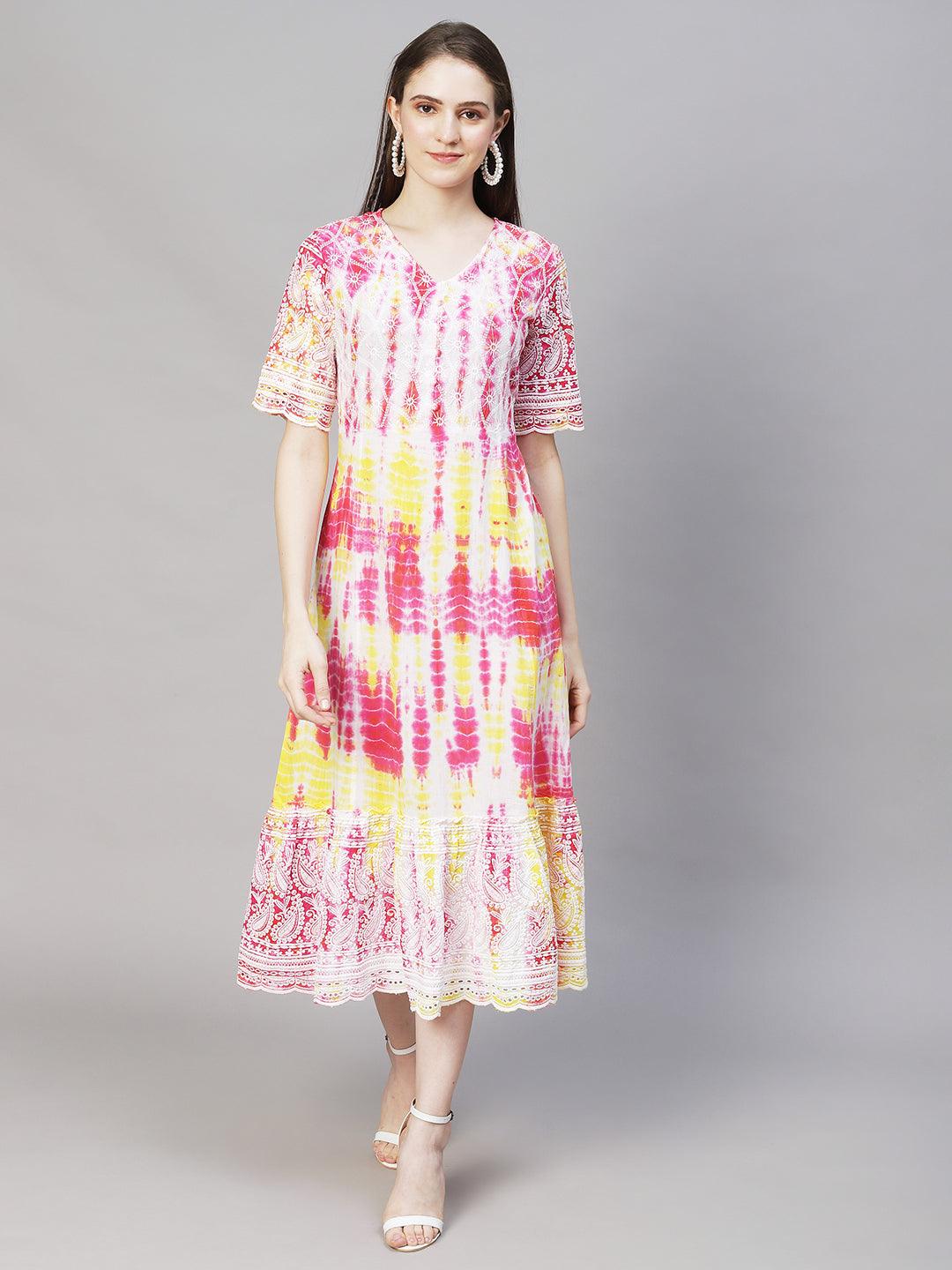 Tie-Dyed & Chikankari Embroidered A-Line Midi Dress - Multi - Indiakreations