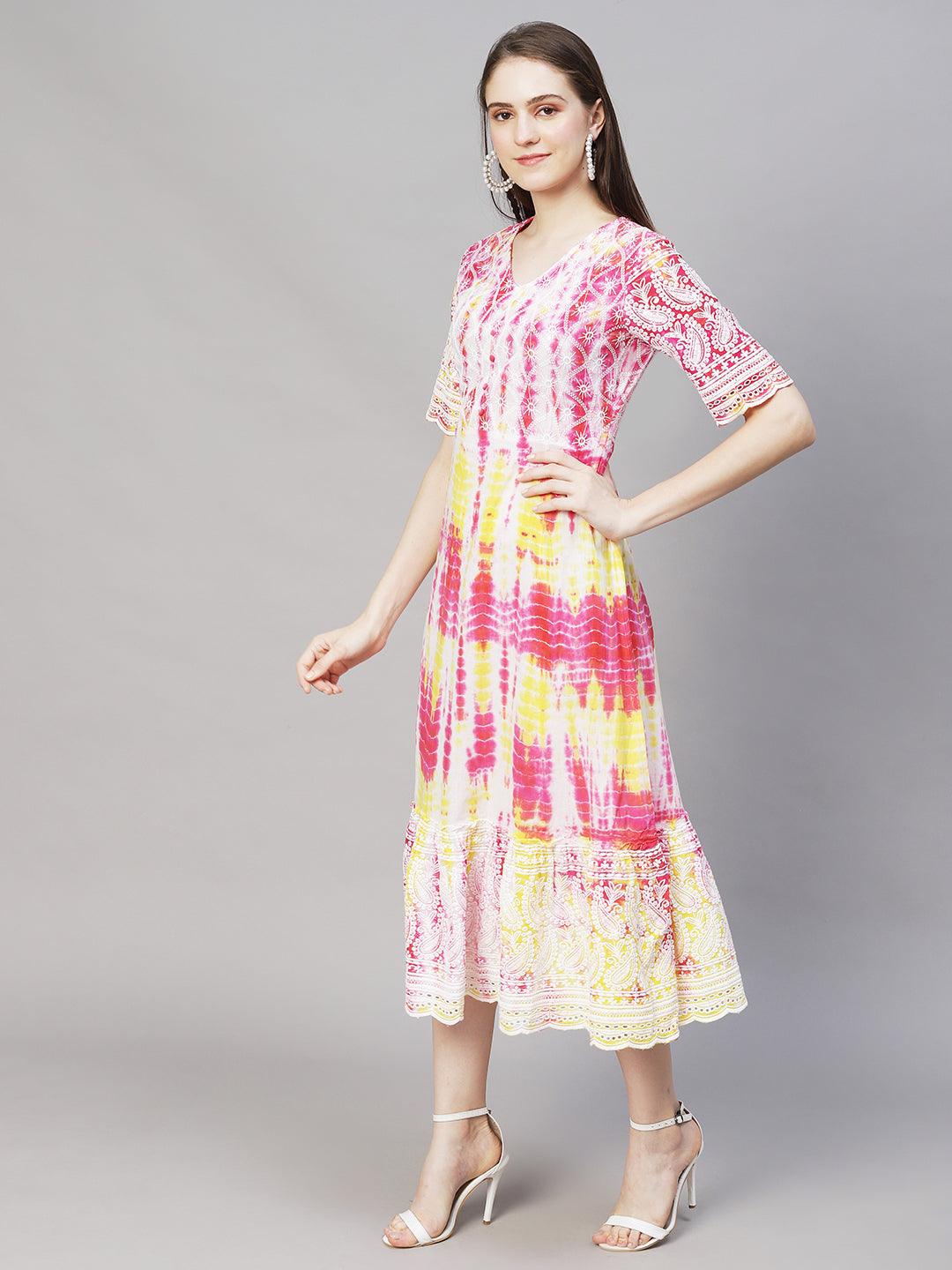 Tie-Dyed & Chikankari Embroidered A-Line Midi Dress - Multi - Indiakreations