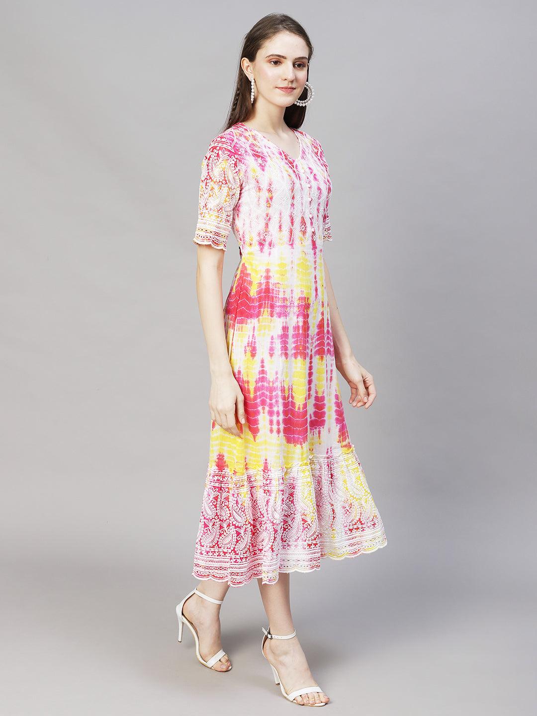 Tie-Dyed & Chikankari Embroidered A-Line Midi Dress - Multi - Indiakreations