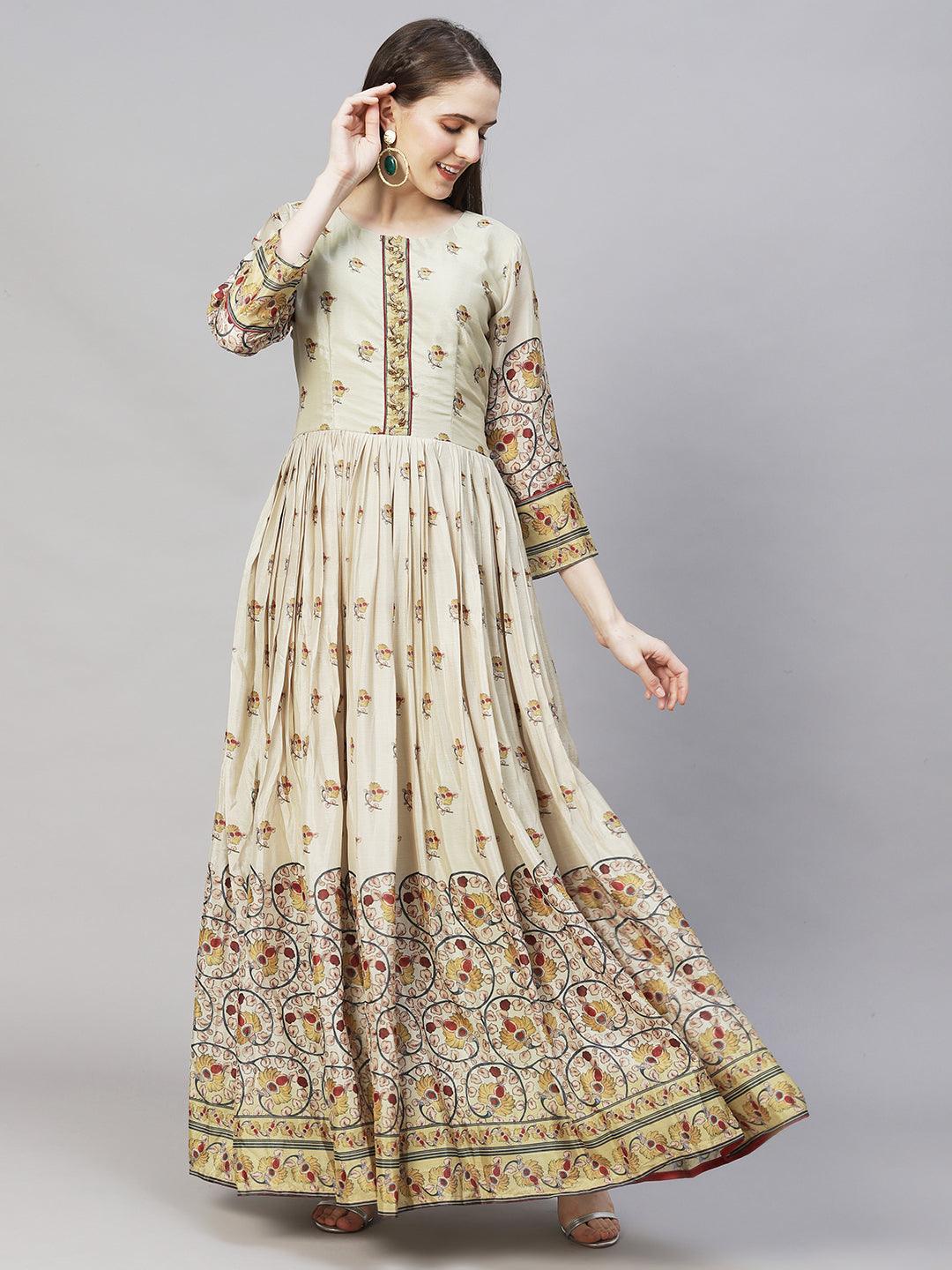 Ethnic Printed & Hand Embroidered Flared Maxi Dress - Sage Green - Indiakreations