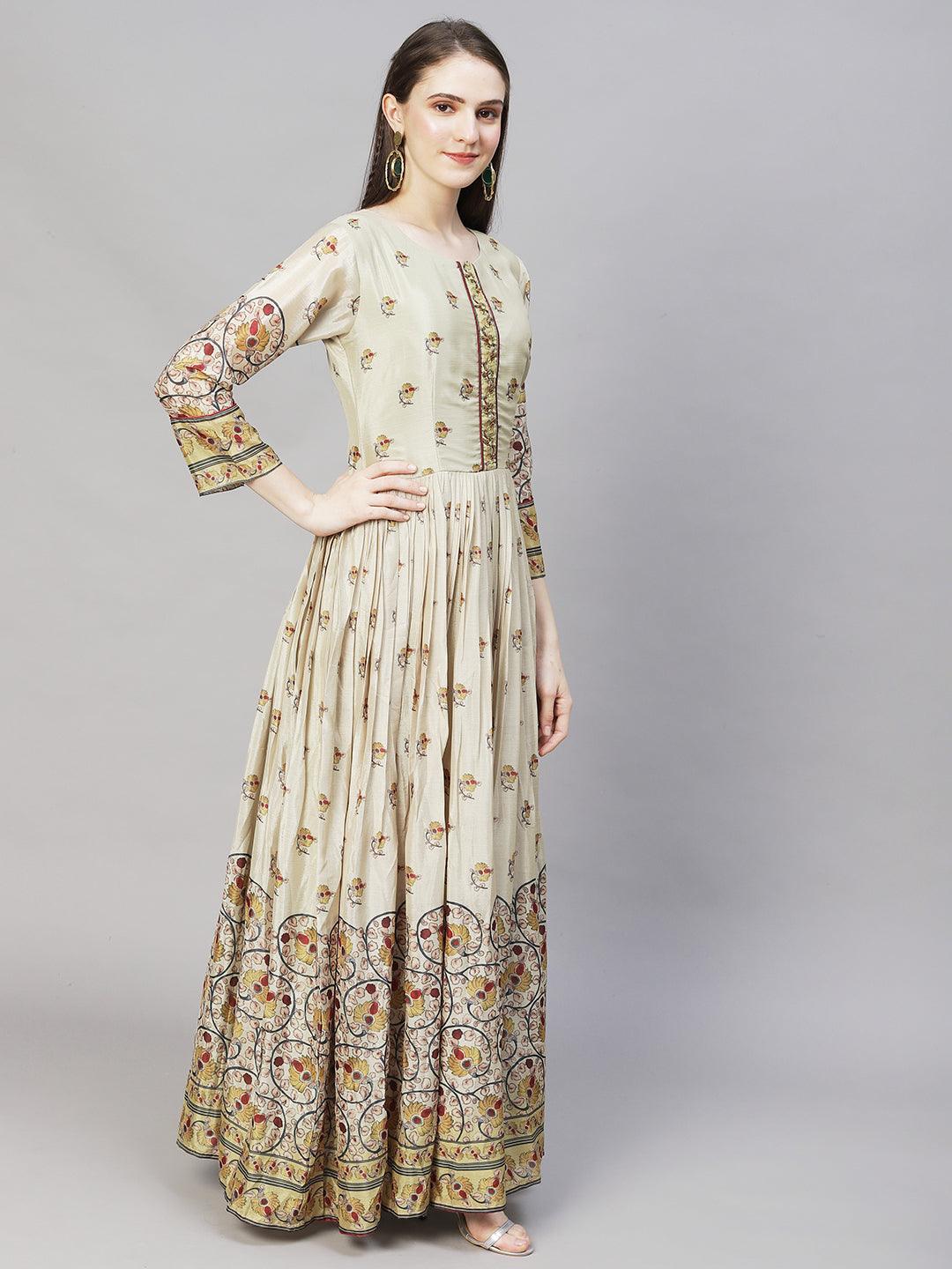 Ethnic Printed & Hand Embroidered Flared Maxi Dress - Sage Green - Indiakreations