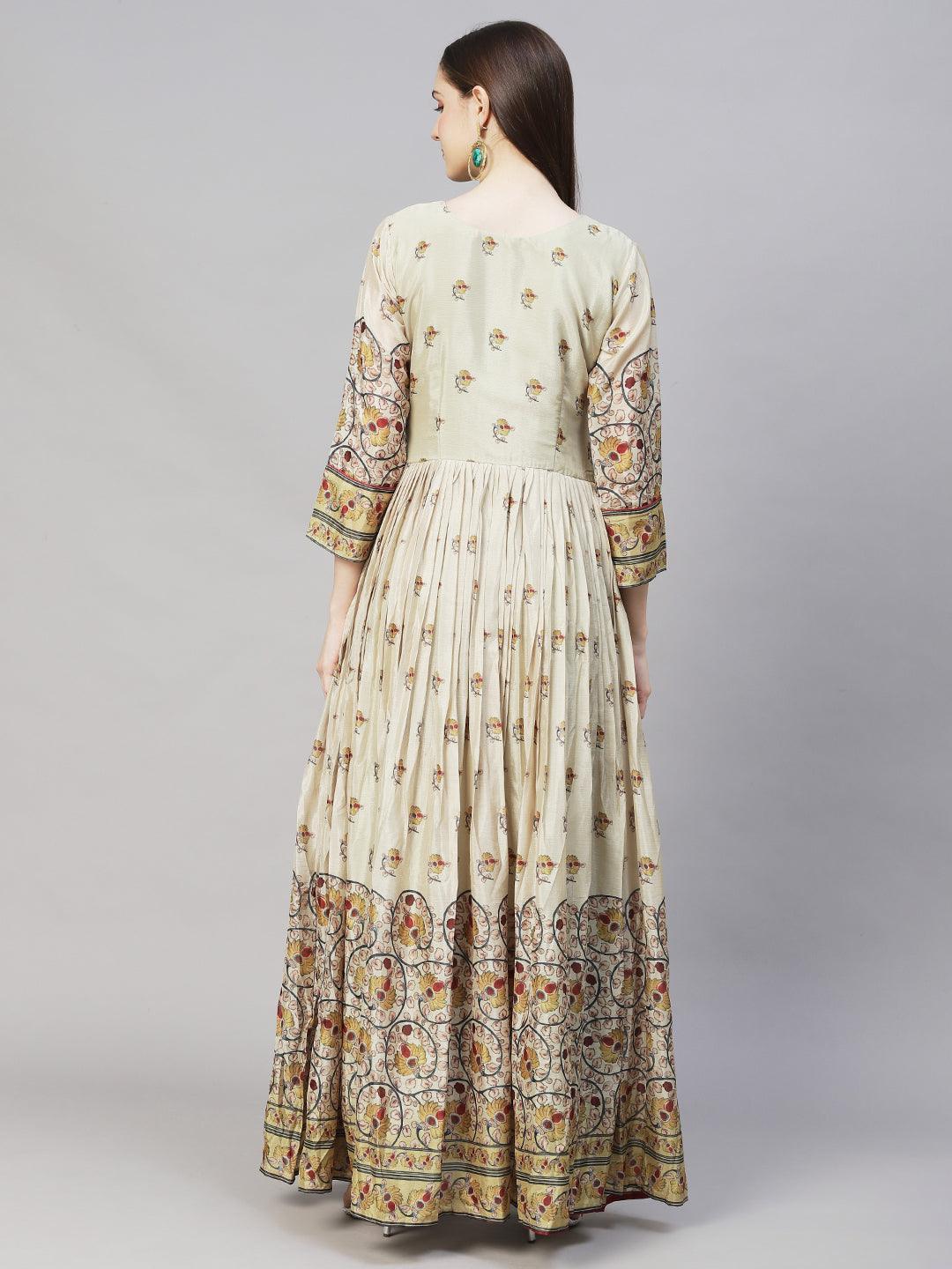 Ethnic Printed & Hand Embroidered Flared Maxi Dress - Sage Green - Indiakreations