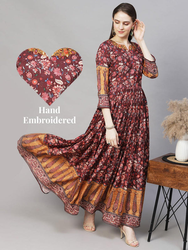 Floral Printed & Hand Embroidered Maxi Flared Dress - Brown - Indiakreations