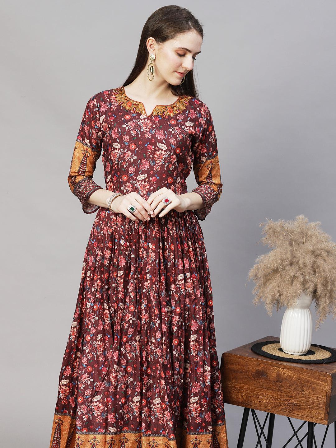 Floral Printed & Hand Embroidered Maxi Flared Dress - Brown - Indiakreations