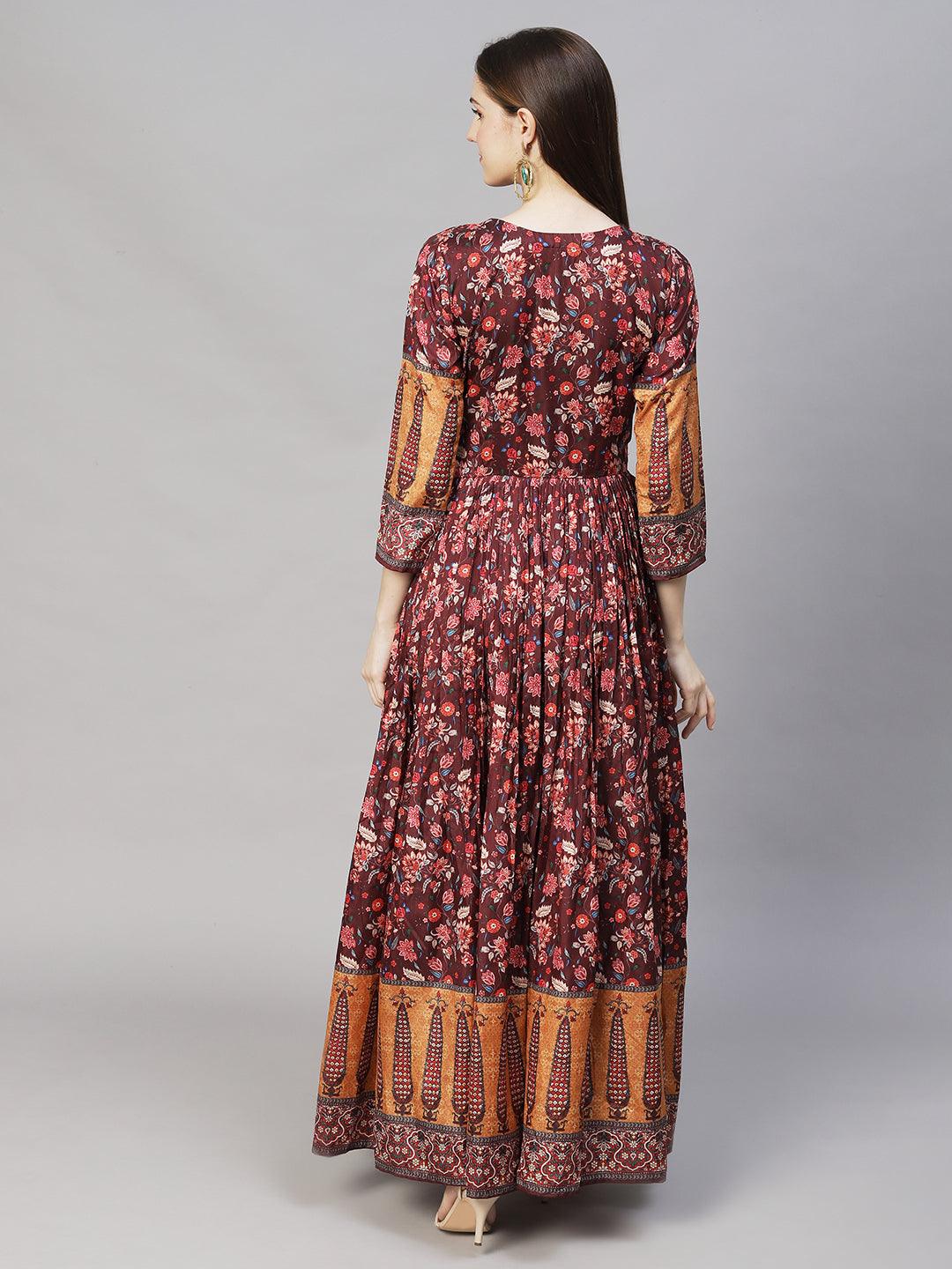 Floral Printed & Hand Embroidered Maxi Flared Dress - Brown - Indiakreations