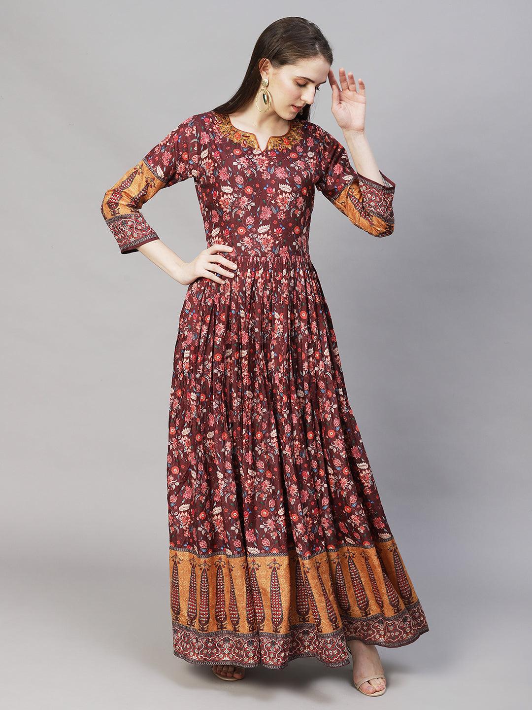 Floral Printed & Hand Embroidered Maxi Flared Dress - Brown - Indiakreations