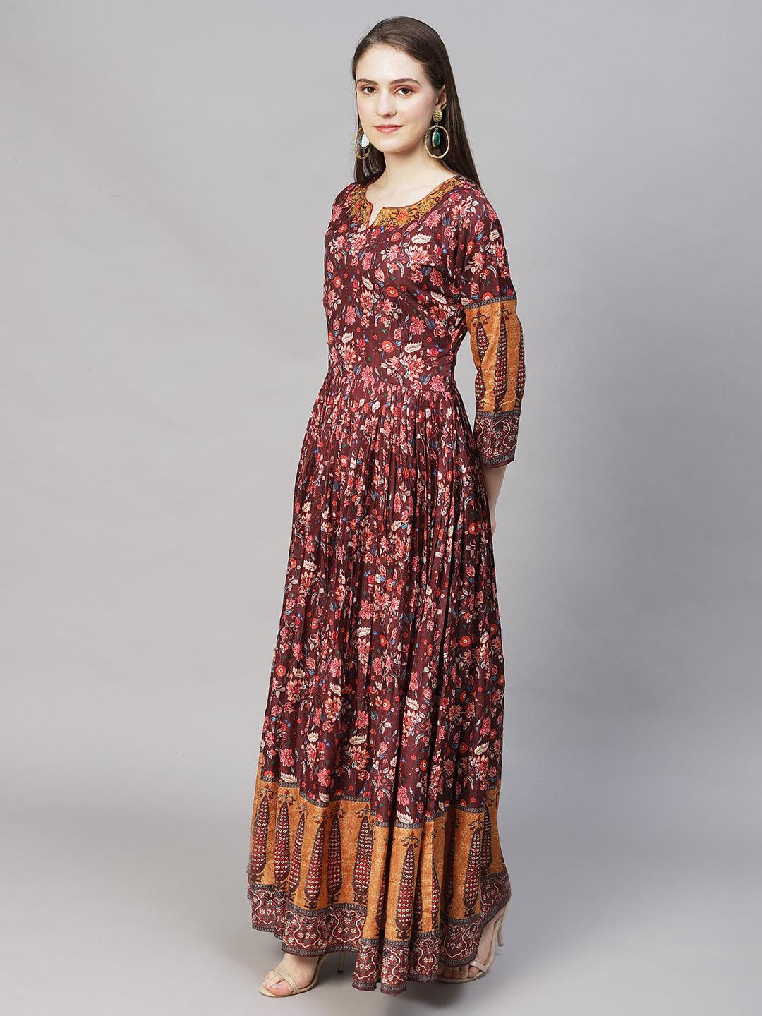 Floral Printed & Hand Embroidered Maxi Flared Dress - Brown - Indiakreations