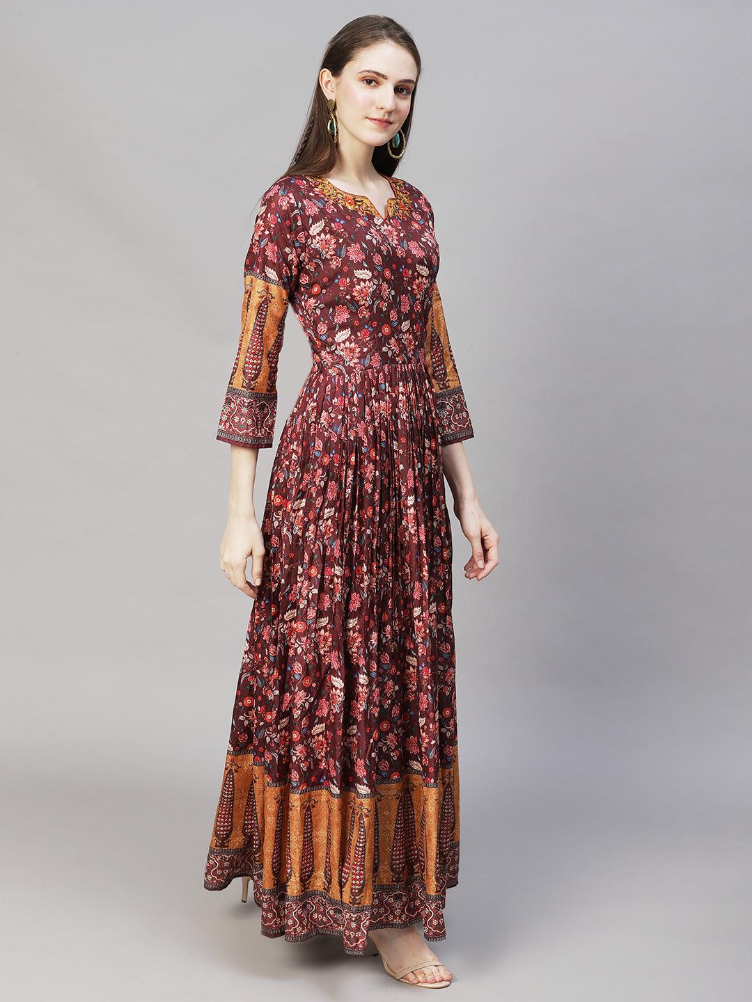 Floral Printed & Hand Embroidered Maxi Flared Dress - Brown - Indiakreations