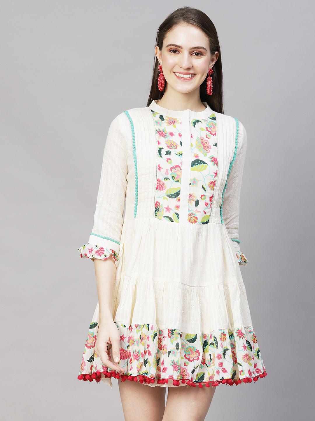 Floral Printed & Embroidered Tiered Flared Midi Dress - Off White - Indiakreations