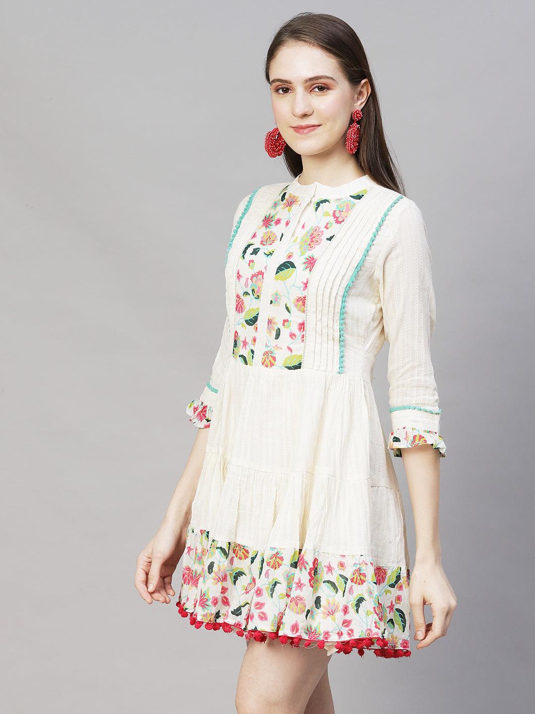 Floral Printed & Embroidered Tiered Flared Midi Dress - Off White - Indiakreations