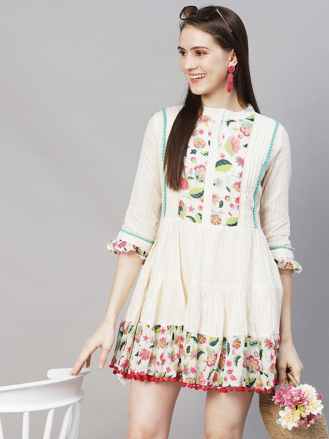 Floral Printed & Embroidered Tiered Flared Midi Dress - Off White - Indiakreations