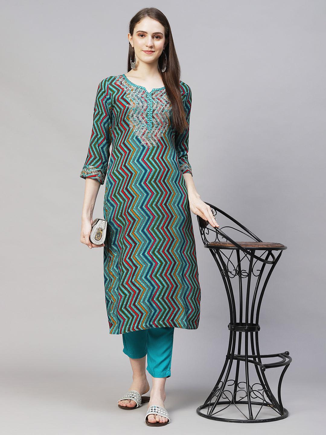 Ethnic Printed & Embroidered Straight Fit Kurta – Multi - Indiakreations