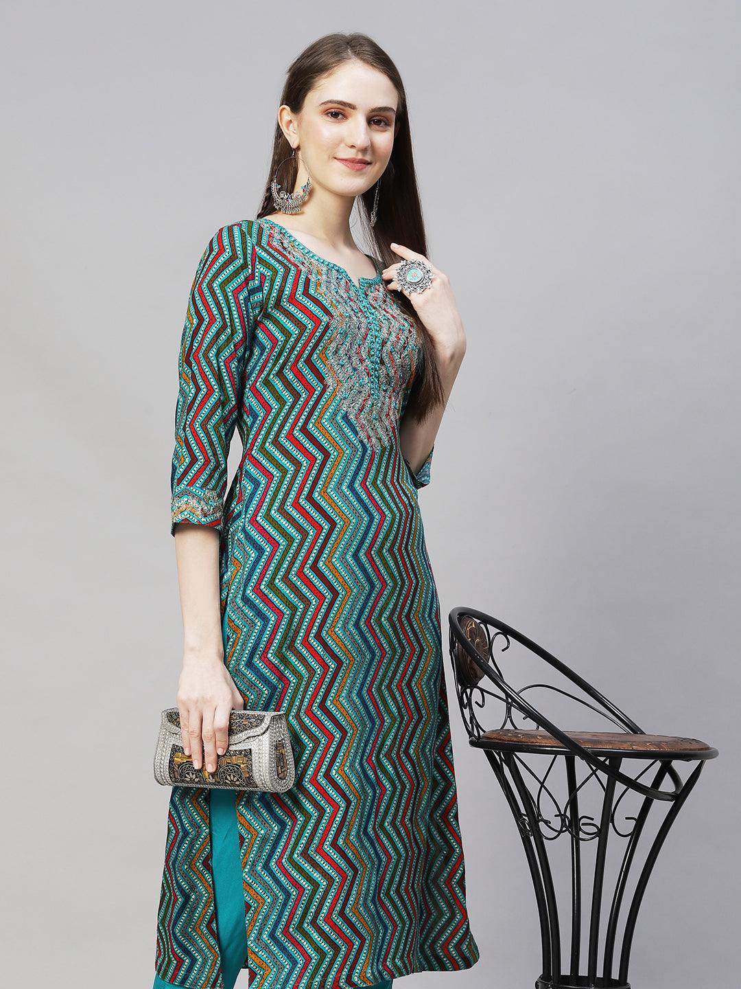 Ethnic Printed & Embroidered Straight Fit Kurta – Multi - Indiakreations