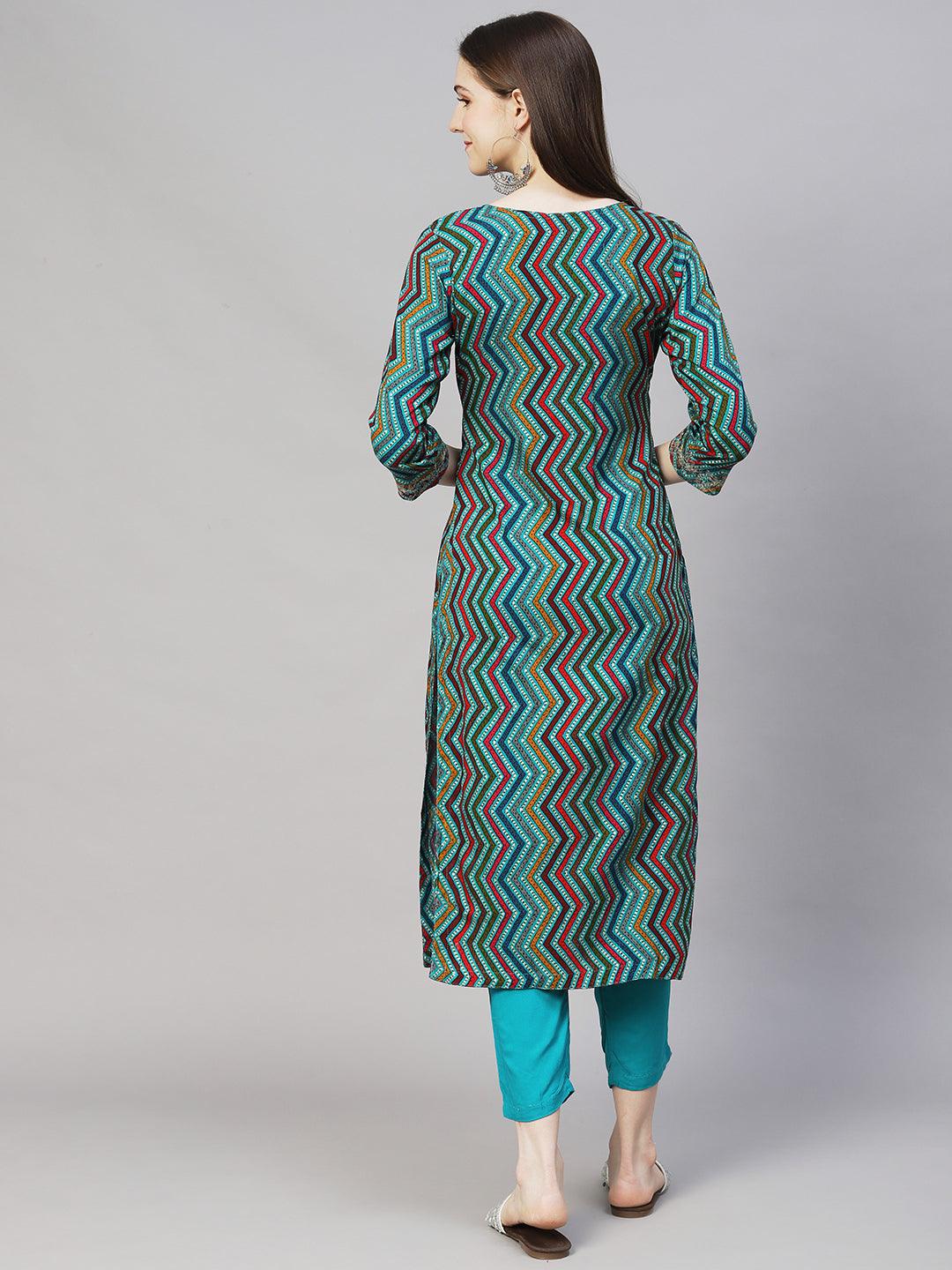 Ethnic Printed & Embroidered Straight Fit Kurta – Multi - Indiakreations