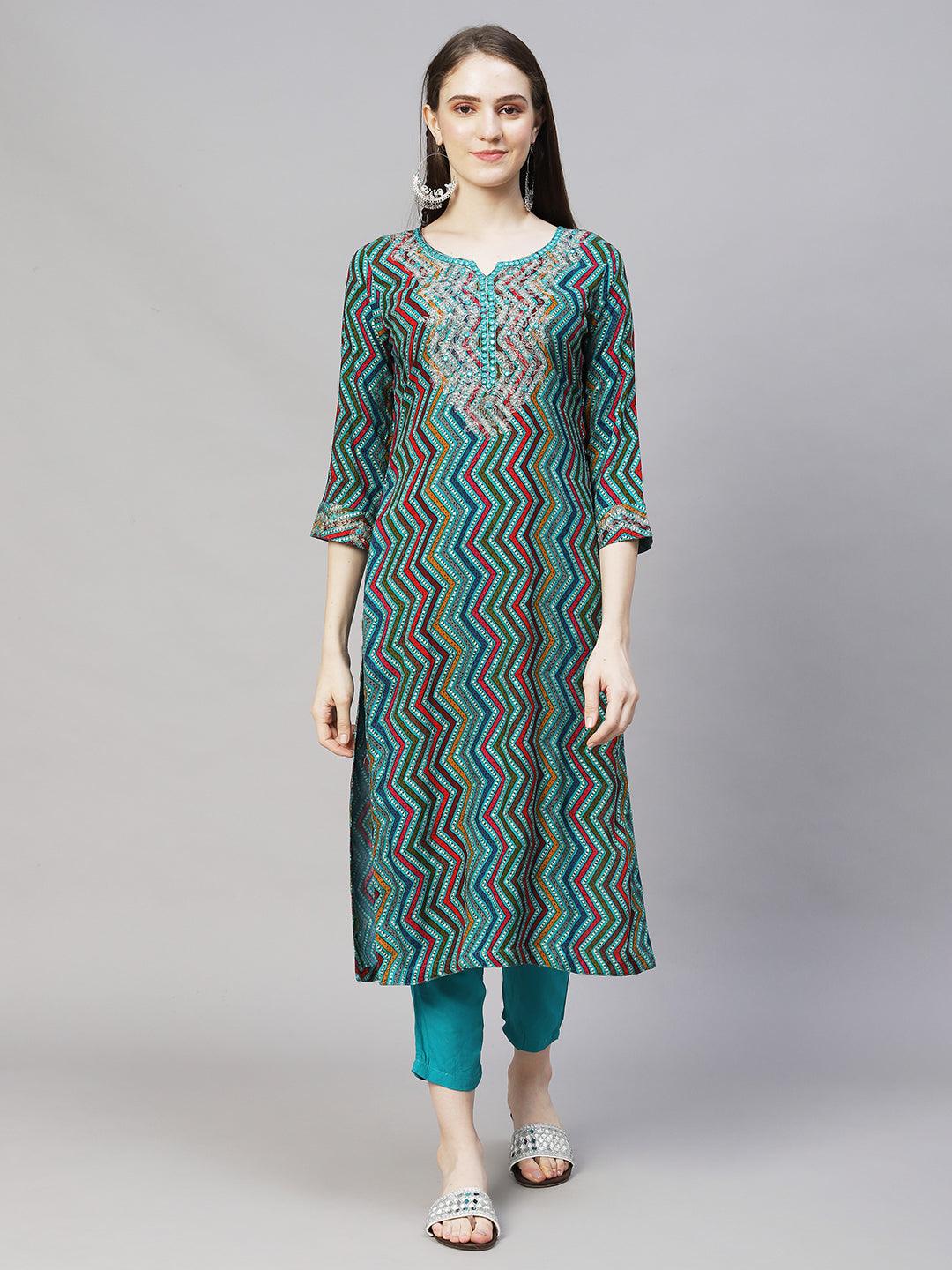 Ethnic Printed & Embroidered Straight Fit Kurta – Multi - Indiakreations