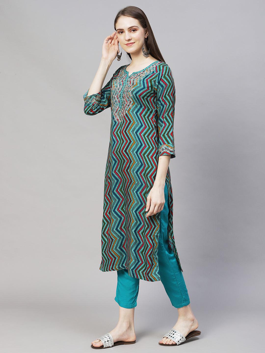 Ethnic Printed & Embroidered Straight Fit Kurta – Multi - Indiakreations