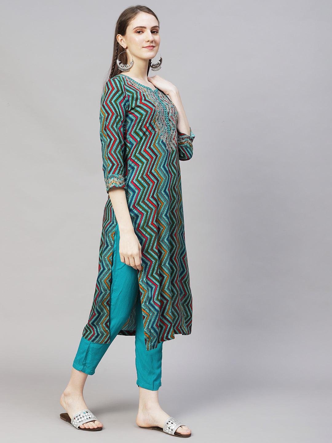 Ethnic Printed & Embroidered Straight Fit Kurta – Multi - Indiakreations