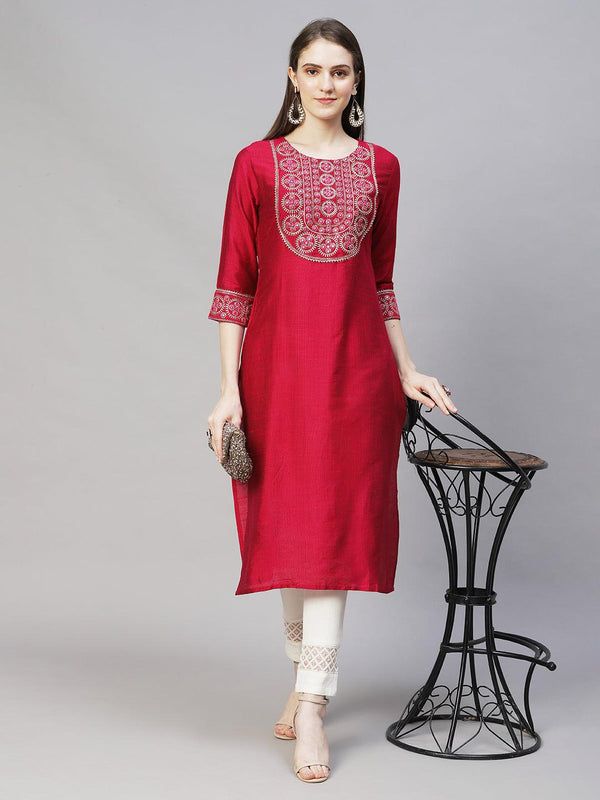 Ethnic Woven & Zari Embroidered Straight Fit Kurta – Magenta Pink - Indiakreations