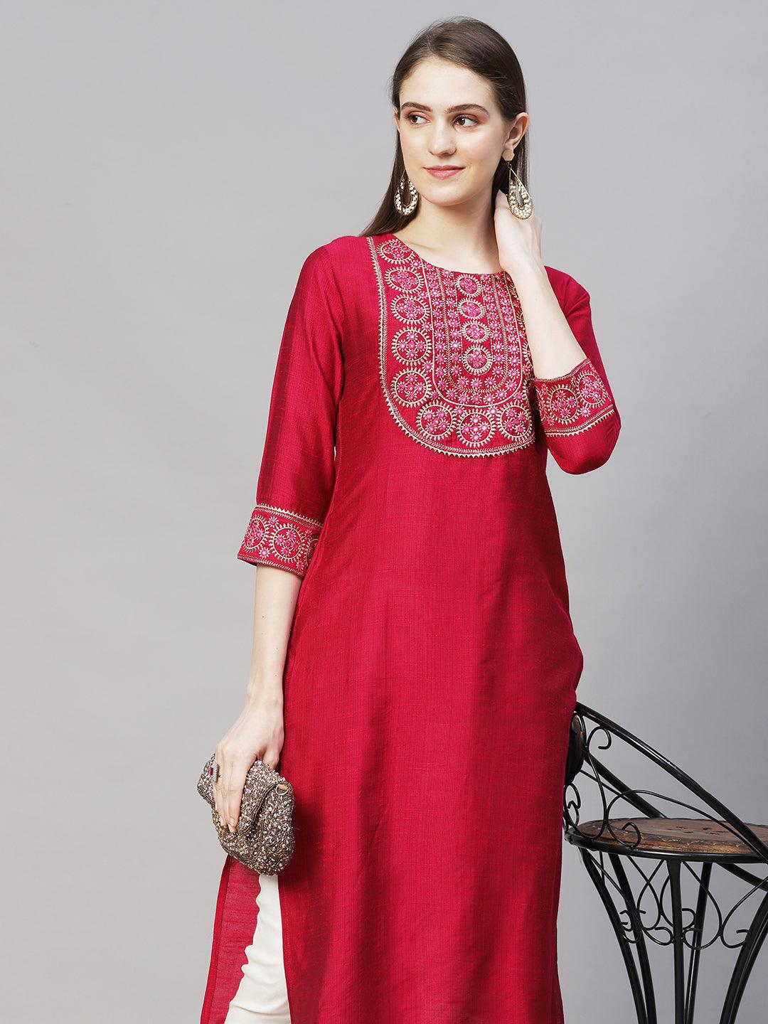 Ethnic Woven & Zari Embroidered Straight Fit Kurta – Magenta Pink - Indiakreations