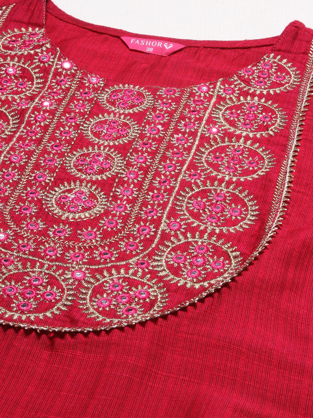 Ethnic Woven & Zari Embroidered Straight Fit Kurta – Magenta Pink - Indiakreations