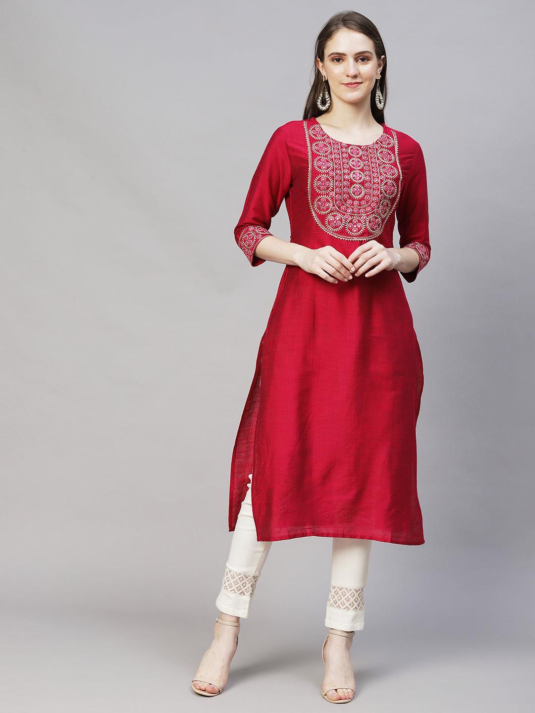 Ethnic Woven & Zari Embroidered Straight Fit Kurta – Magenta Pink - Indiakreations