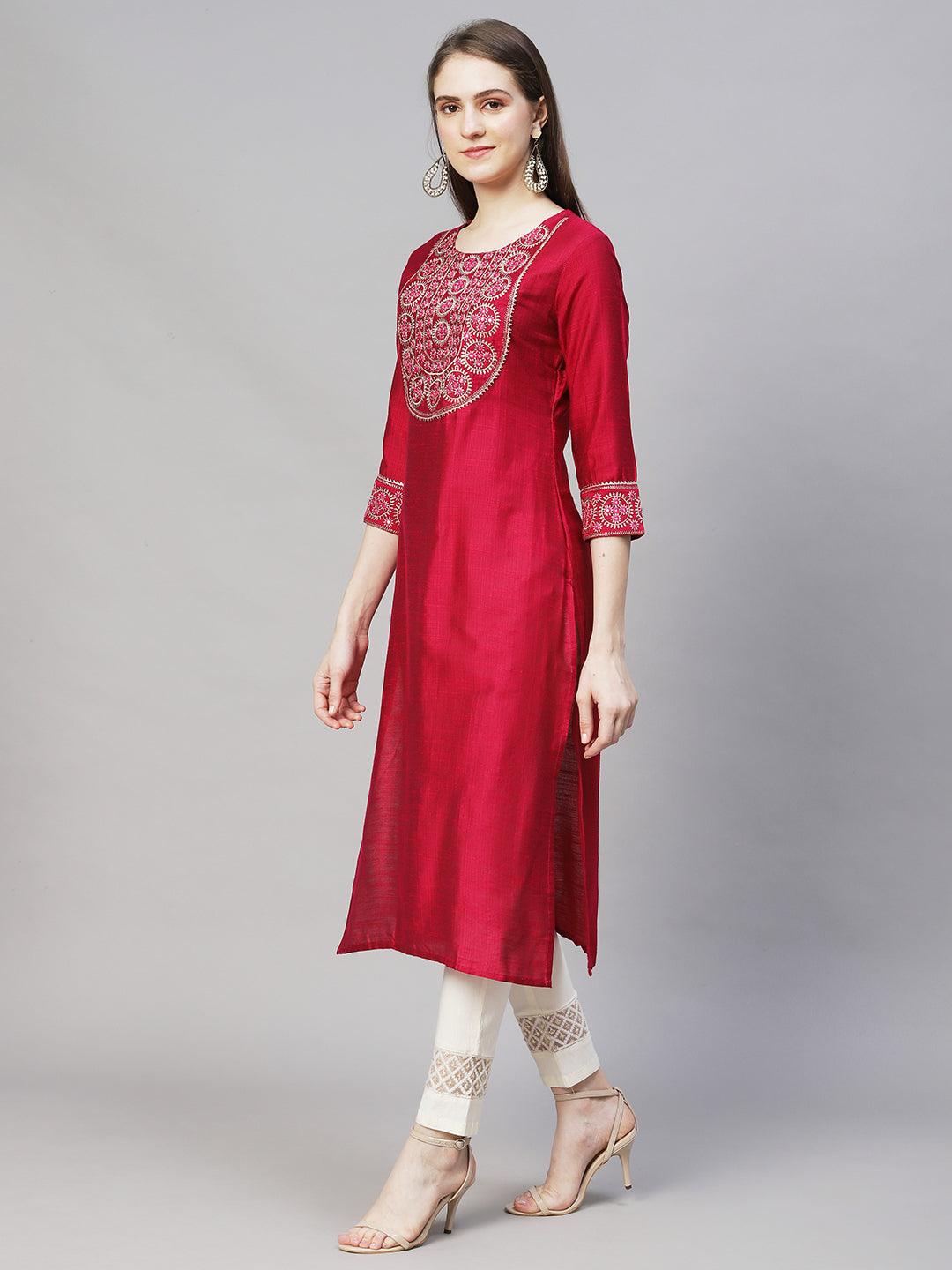 Ethnic Woven & Zari Embroidered Straight Fit Kurta – Magenta Pink - Indiakreations