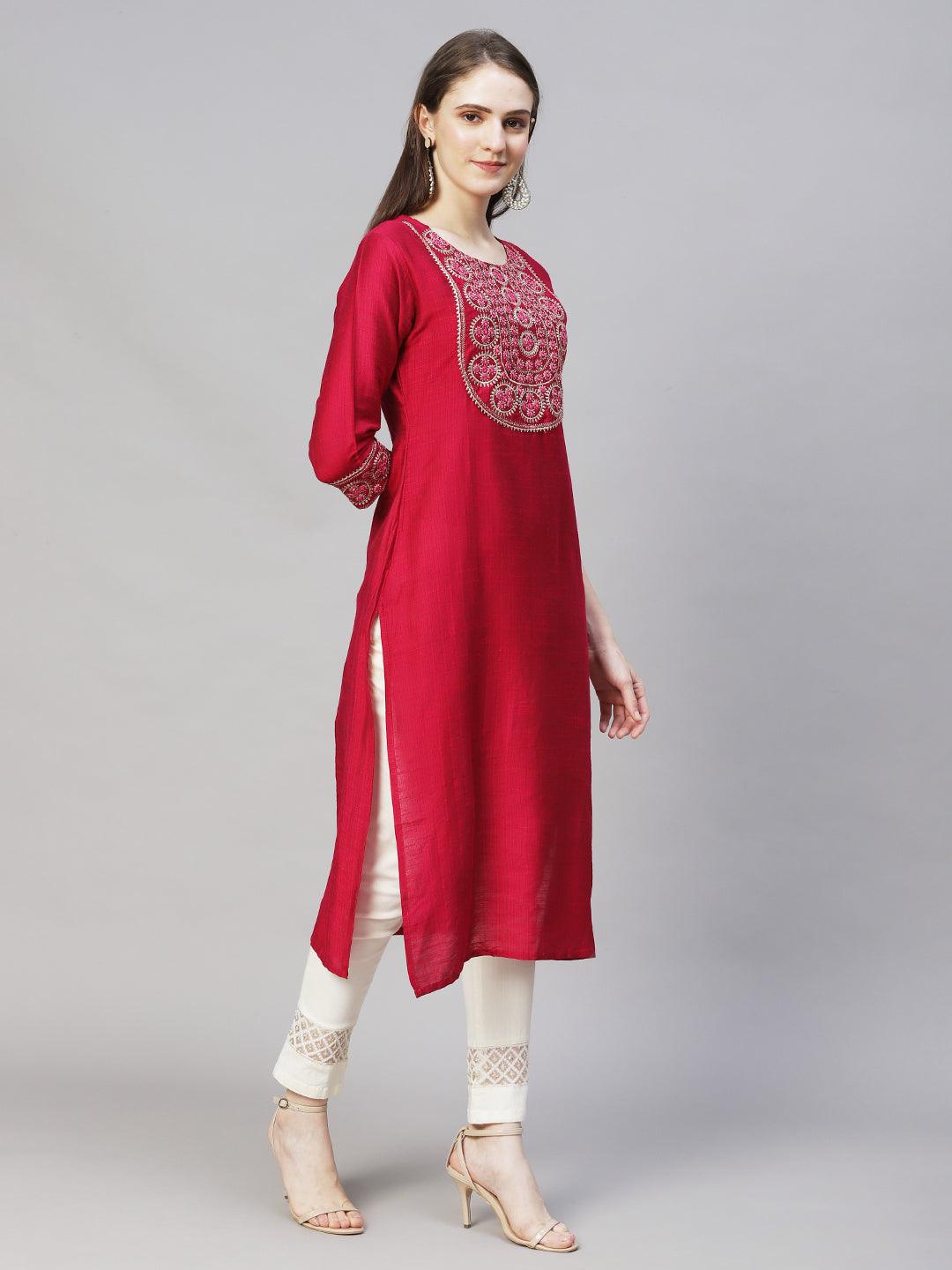 Ethnic Woven & Zari Embroidered Straight Fit Kurta – Magenta Pink - Indiakreations