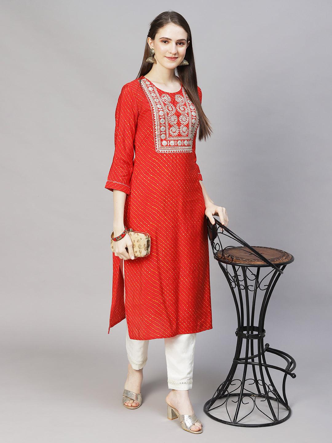 Leheriya Printed & Embroidered Straight Fit Kurta – Red - Indiakreations