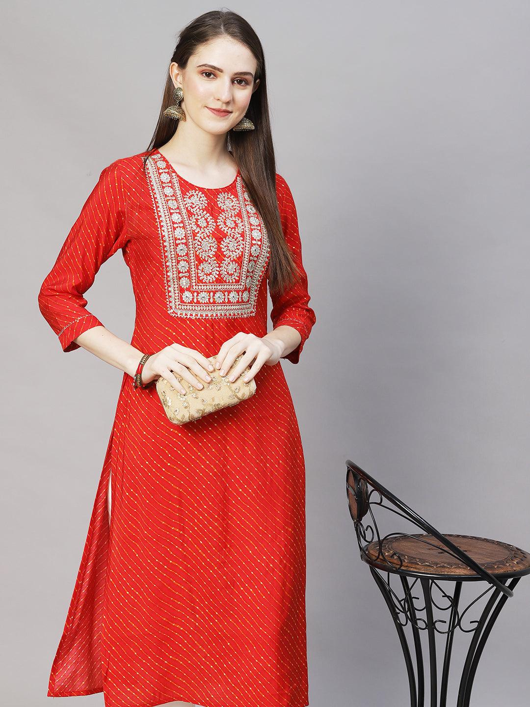 Leheriya Printed & Embroidered Straight Fit Kurta – Red - Indiakreations