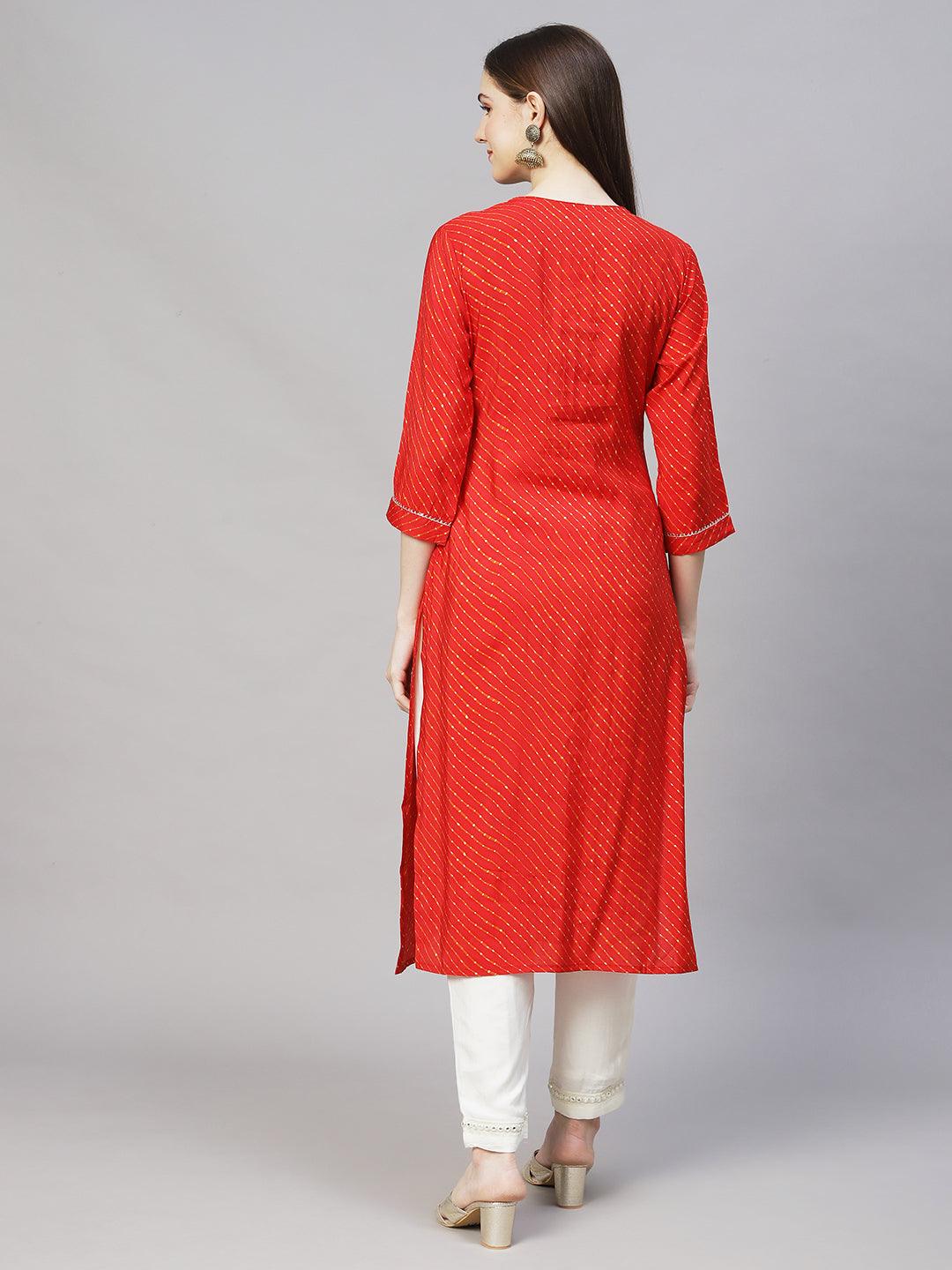 Leheriya Printed & Embroidered Straight Fit Kurta – Red - Indiakreations