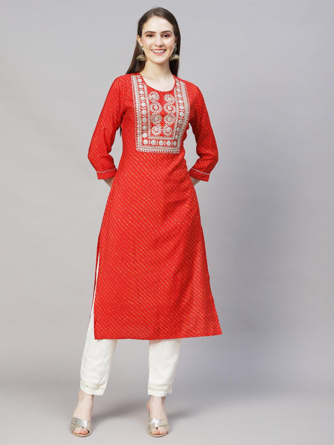 Leheriya Printed & Embroidered Straight Fit Kurta – Red - Indiakreations