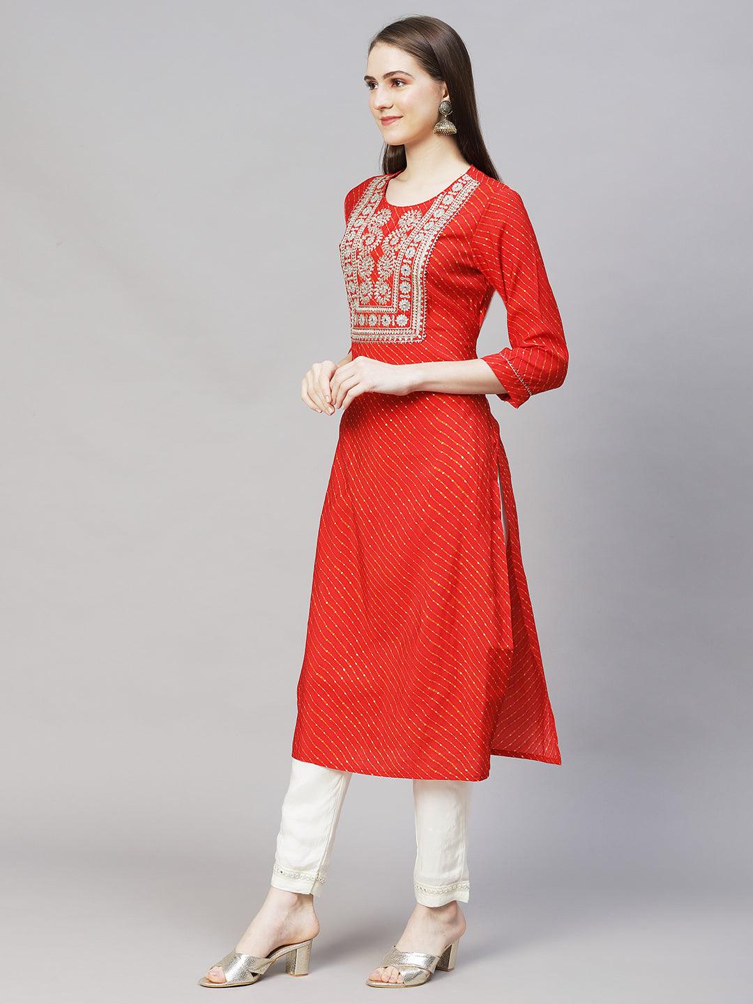 Leheriya Printed & Embroidered Straight Fit Kurta – Red - Indiakreations