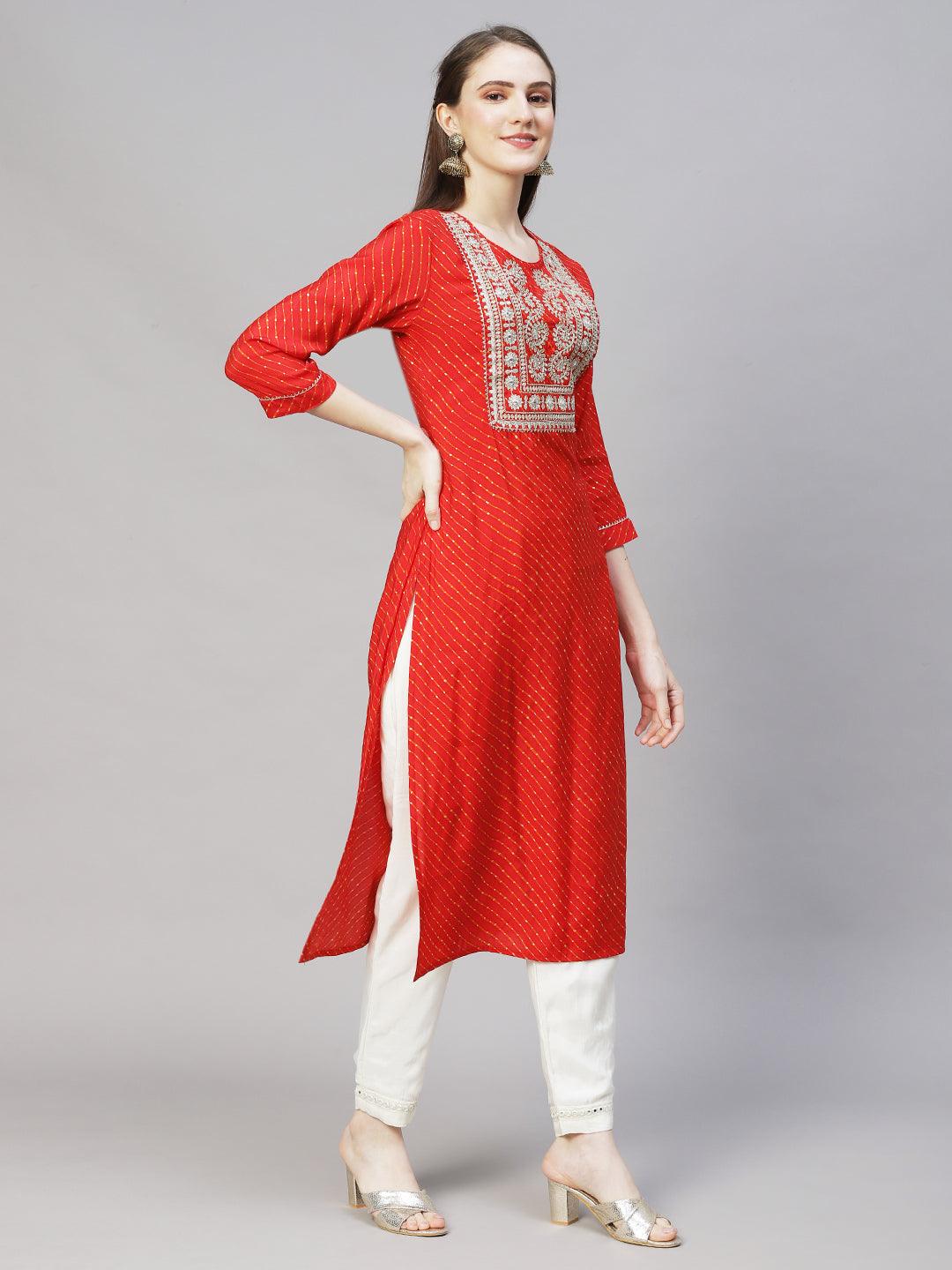 Leheriya Printed & Embroidered Straight Fit Kurta – Red - Indiakreations