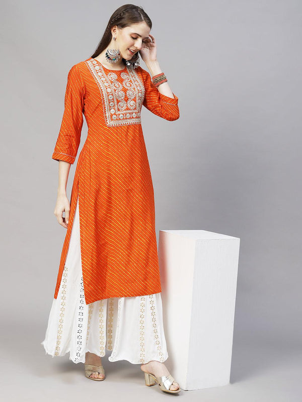 Leheriya Printed & Embroidered Straight Fit Kurta – Orange - Indiakreations