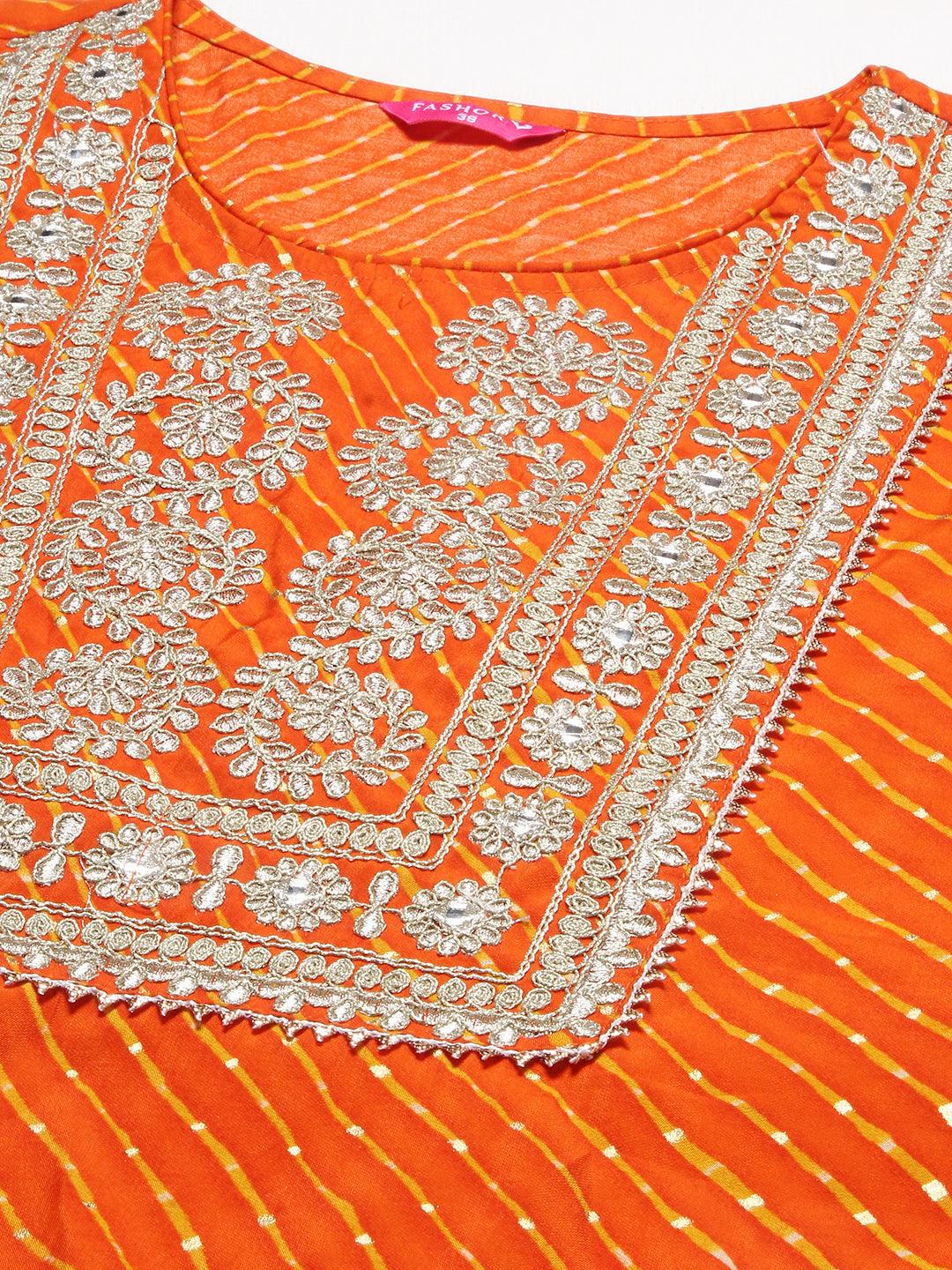 Leheriya Printed & Embroidered Straight Fit Kurta – Orange - Indiakreations