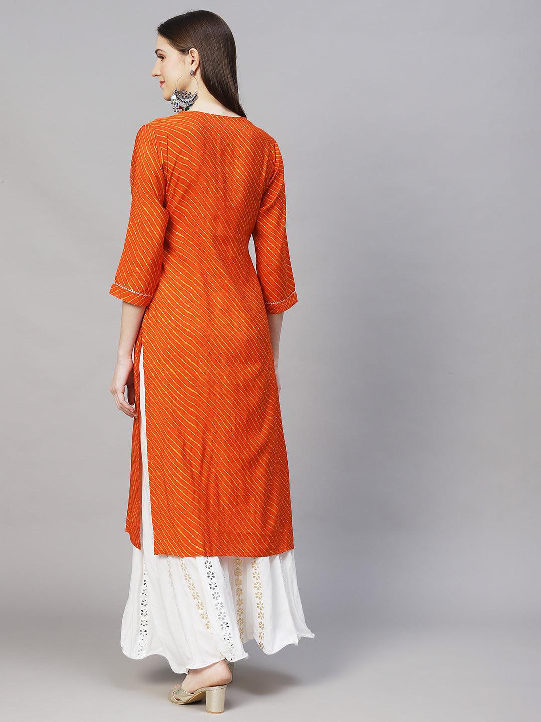 Leheriya Printed & Embroidered Straight Fit Kurta – Orange - Indiakreations