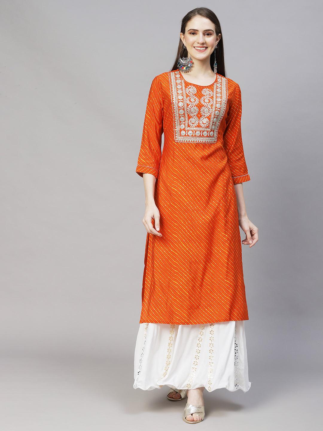 Leheriya Printed & Embroidered Straight Fit Kurta – Orange - Indiakreations