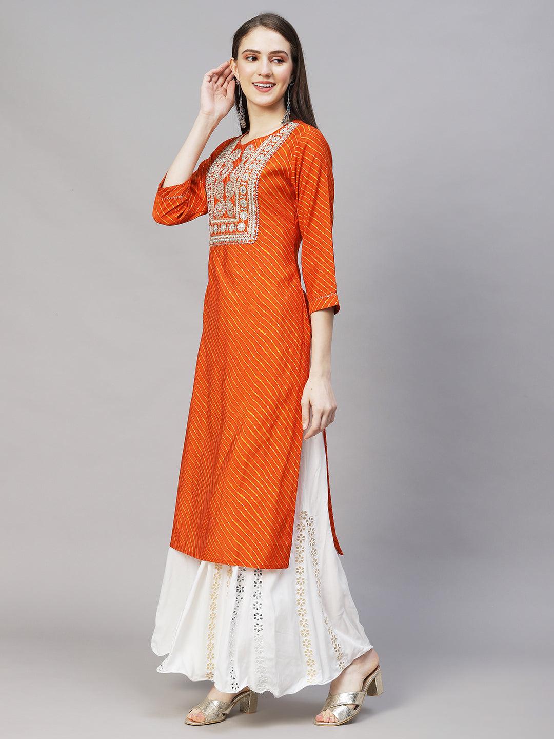 Leheriya Printed & Embroidered Straight Fit Kurta – Orange - Indiakreations