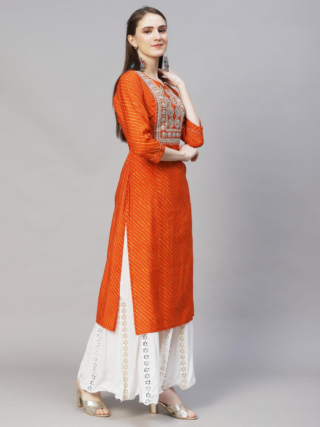 Leheriya Printed & Embroidered Straight Fit Kurta – Orange - Indiakreations