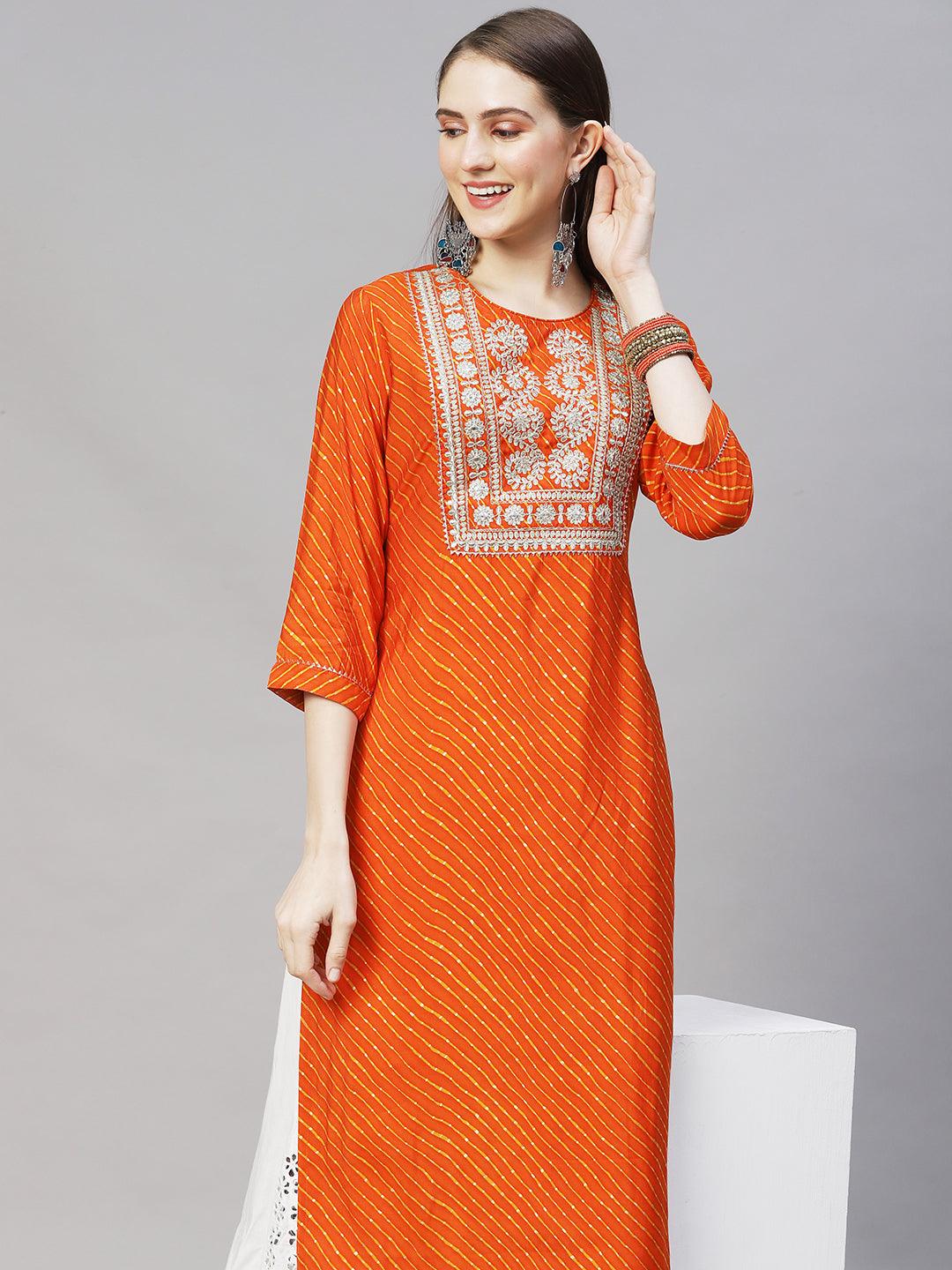 Leheriya Printed & Embroidered Straight Fit Kurta – Orange - Indiakreations