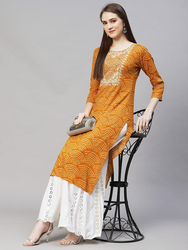 Wifi Printed & Embroidered Straight Fit Kurta – Mustard - Indiakreations