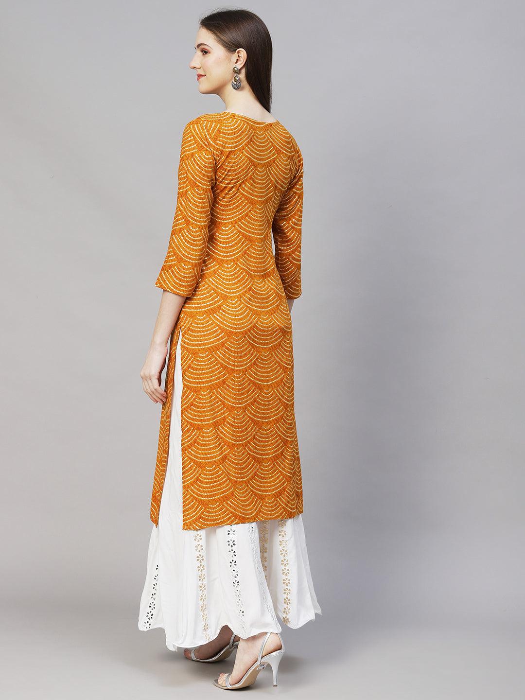 Wifi Printed & Embroidered Straight Fit Kurta – Mustard - Indiakreations