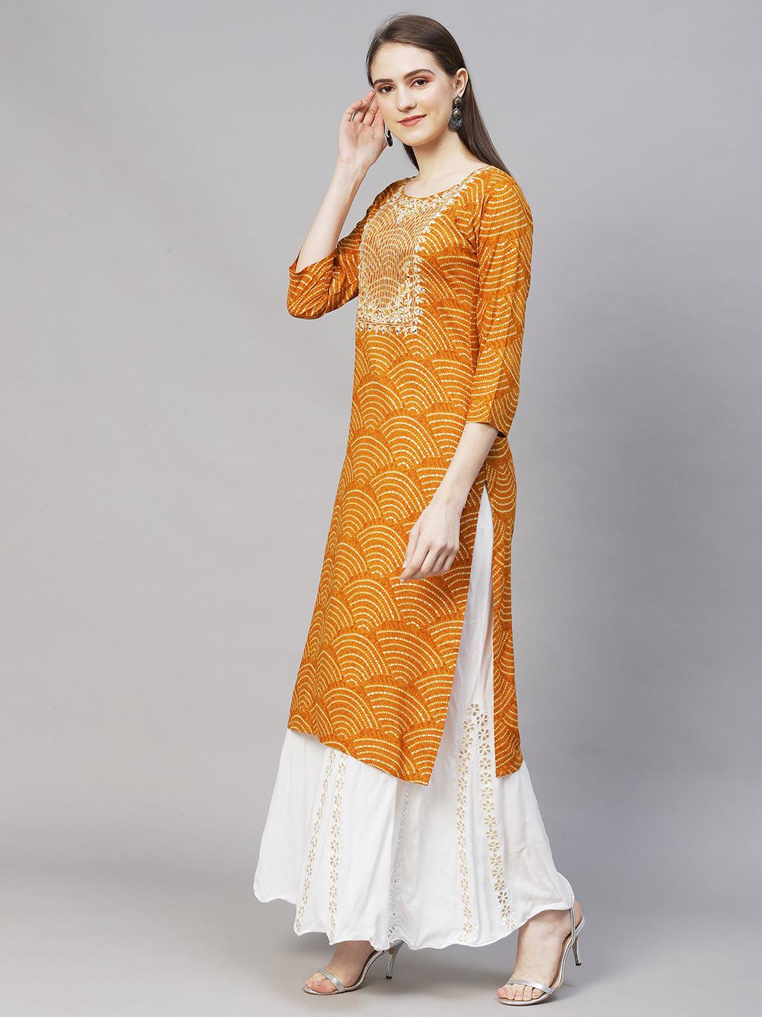 Wifi Printed & Embroidered Straight Fit Kurta – Mustard - Indiakreations