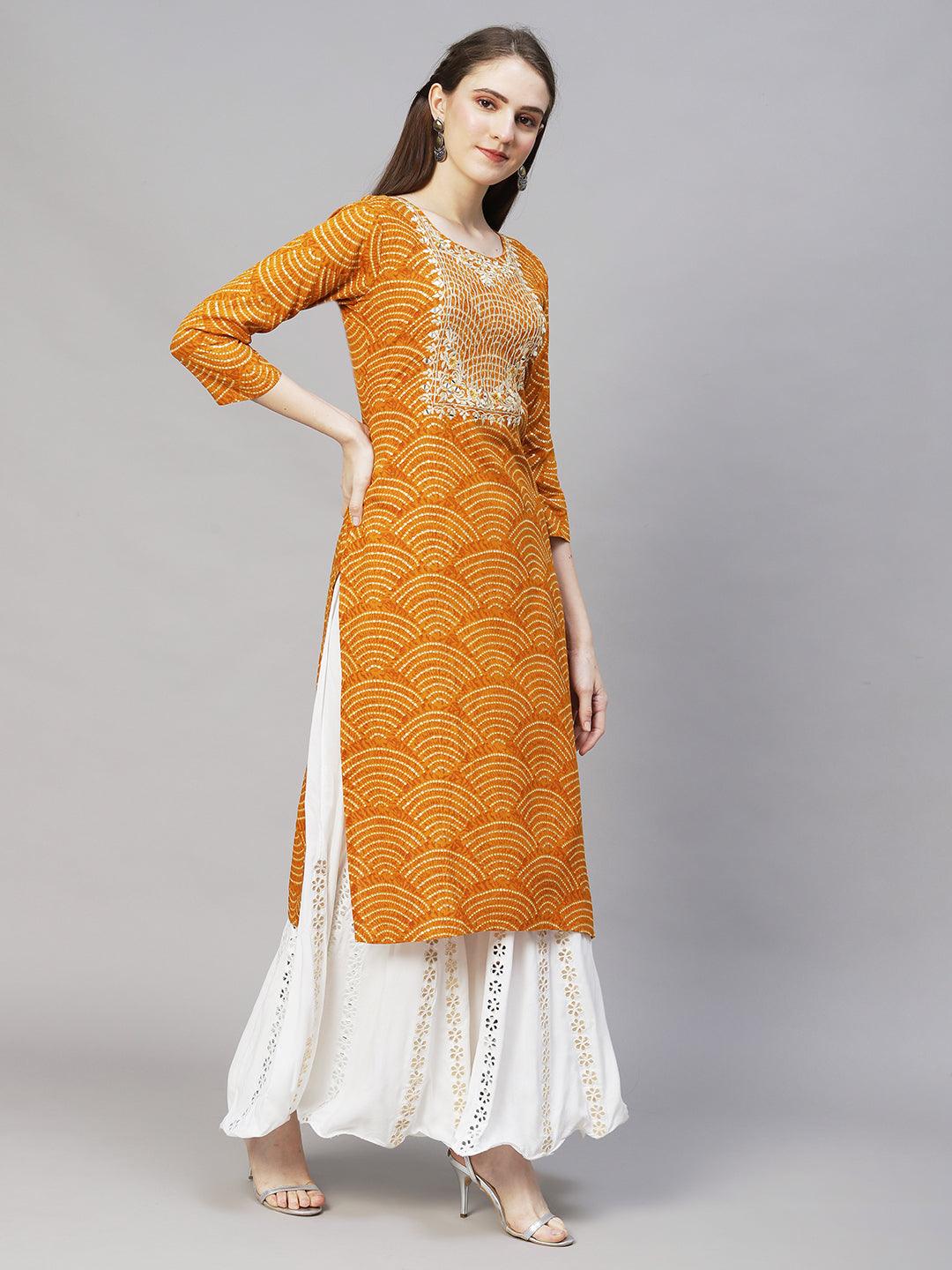 Wifi Printed & Embroidered Straight Fit Kurta – Mustard - Indiakreations